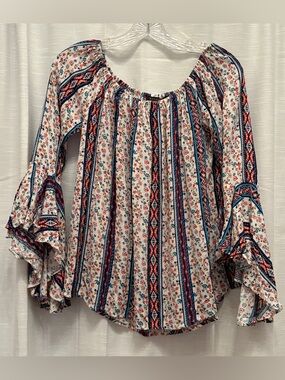 Staccato Cream Peasant Blouse with Red & Blue Stripes